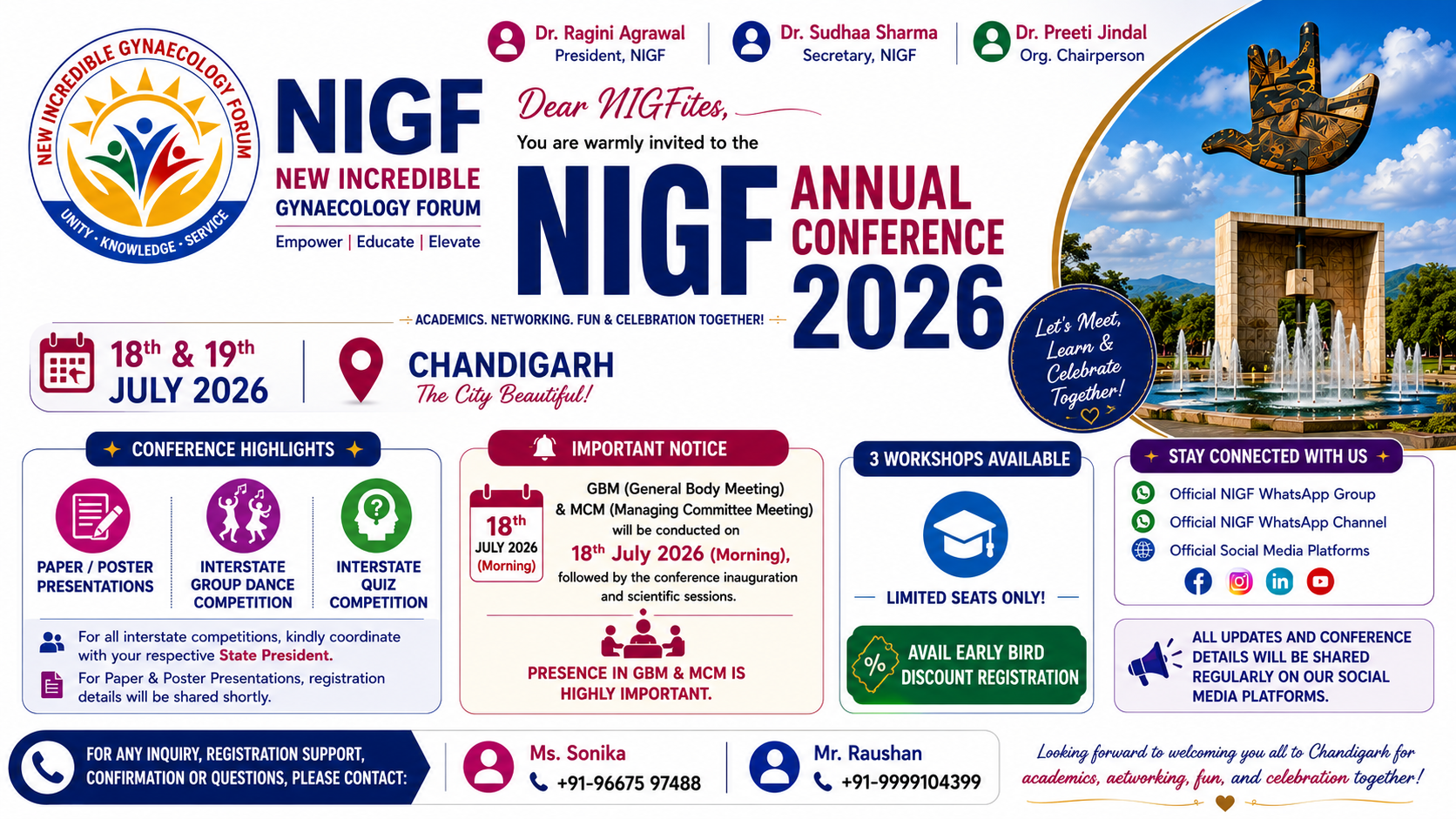 Join the NIGF Annual Conference 2026 at Fortis Hospital Mohali, Chandigarh on 18–19 July 2026. Participate in scientific sessions, workshops, paper and poster presentations, quiz competitions, MCM, GBM, and networking opportunities.